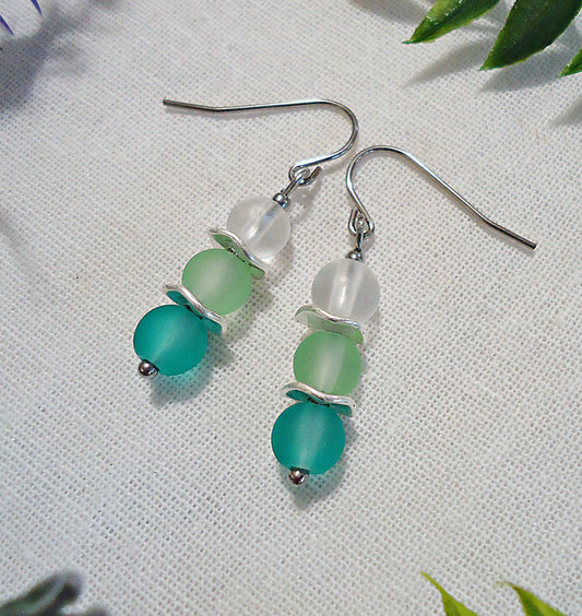 Frosted Sea Glass Earrings, Pale Green Silver