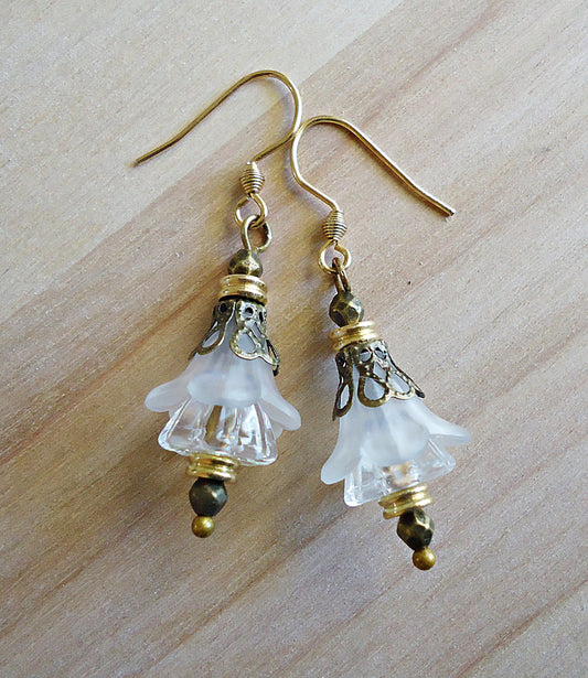 Flower Earrings, Clear, White, Gold, Antique Bronze, Vintage Boho, Stainless Steel Earwire, Wedding, Bridesmaid