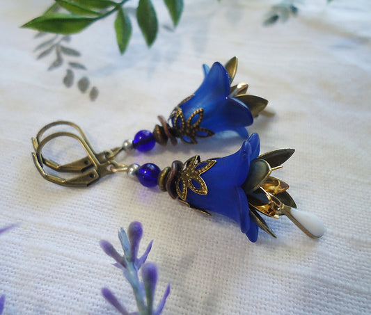 Blue Bell Flower Earrings, Royal Blue, White, Bronze, Gold, 1.5" Dangle