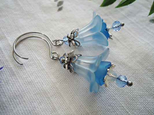 Light Blue Flower Earrings, Silver Stainless Steel Round Earwire
