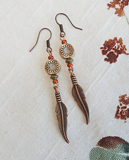 Red Copper Feather Earrings, 2" Dangle, Southwest Style, Long Skinny Earrings