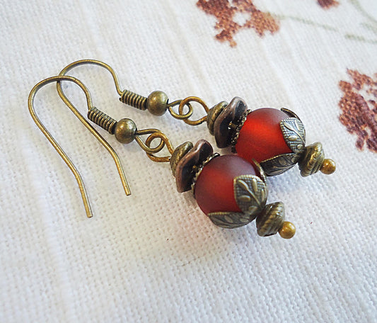 Dark Red and Antique Bronze Earrings, Vintage Flair, Boho, Short Dangle
