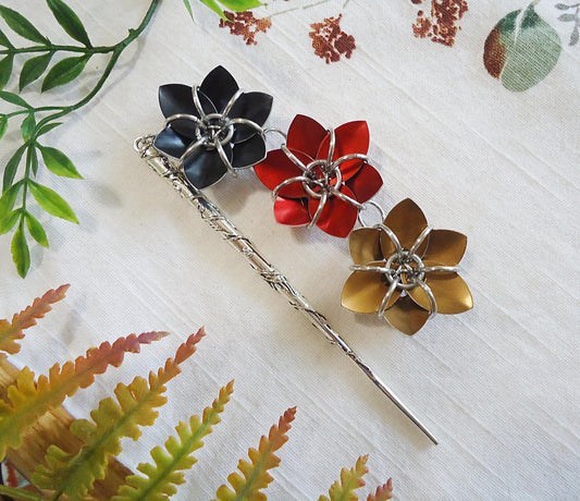Metal Hair Stick - Three Flowers - Black, Red, and Bronze - Antique Silver Hair Stick with Wrapping Vines