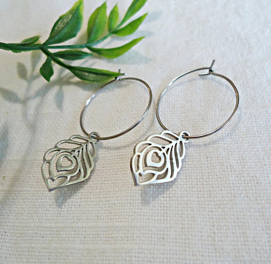 CORE ESSENTIALS - Stainless Steel Earrings, Silver Peacock Feathers