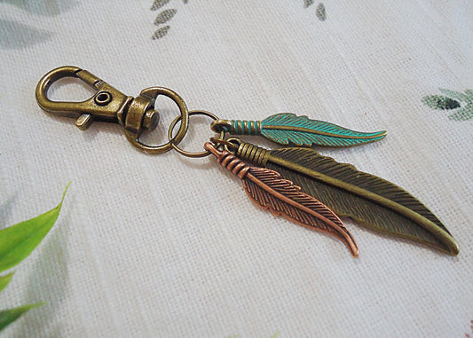 Bag Charm, Purse Charm, Keychain, 3 Feathers, Boho, Bronze, Copper, Green Patina, 3.25"