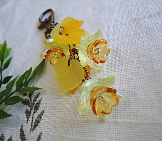 Daffodil Flowers and Leaves, Yellow and Orange, Bag Charm, Purse Charm, Keychain, Copper Swivel Clasp, Glass
