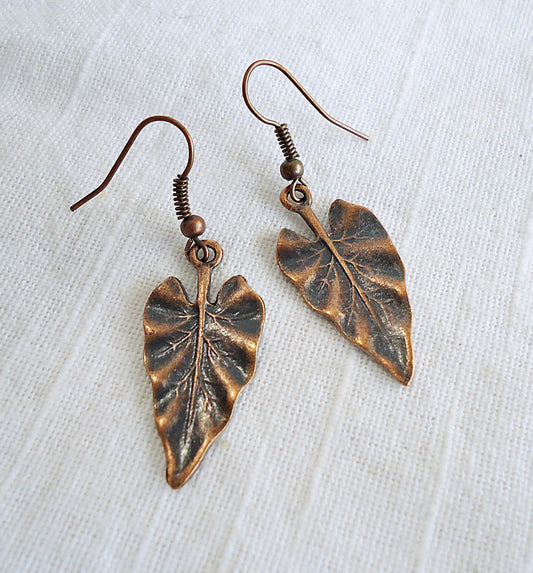 Textured Leaf Earrings, Antique Copper, 1" Dangle, Boho, Minimalist