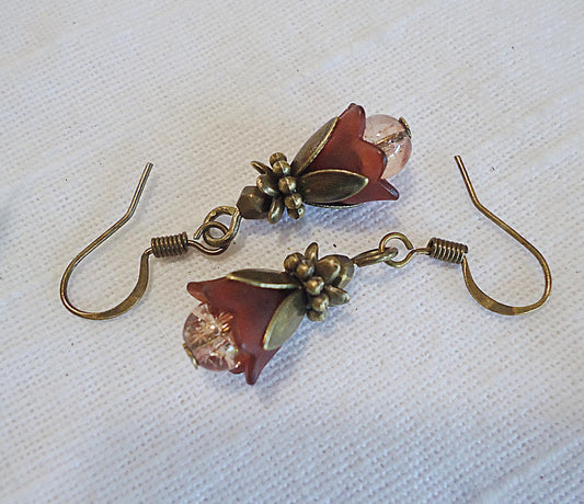 Small Flower Earrings, Antique Bronze, Wine, Plum, Chocolate, Brown, 3/4" Dangle
