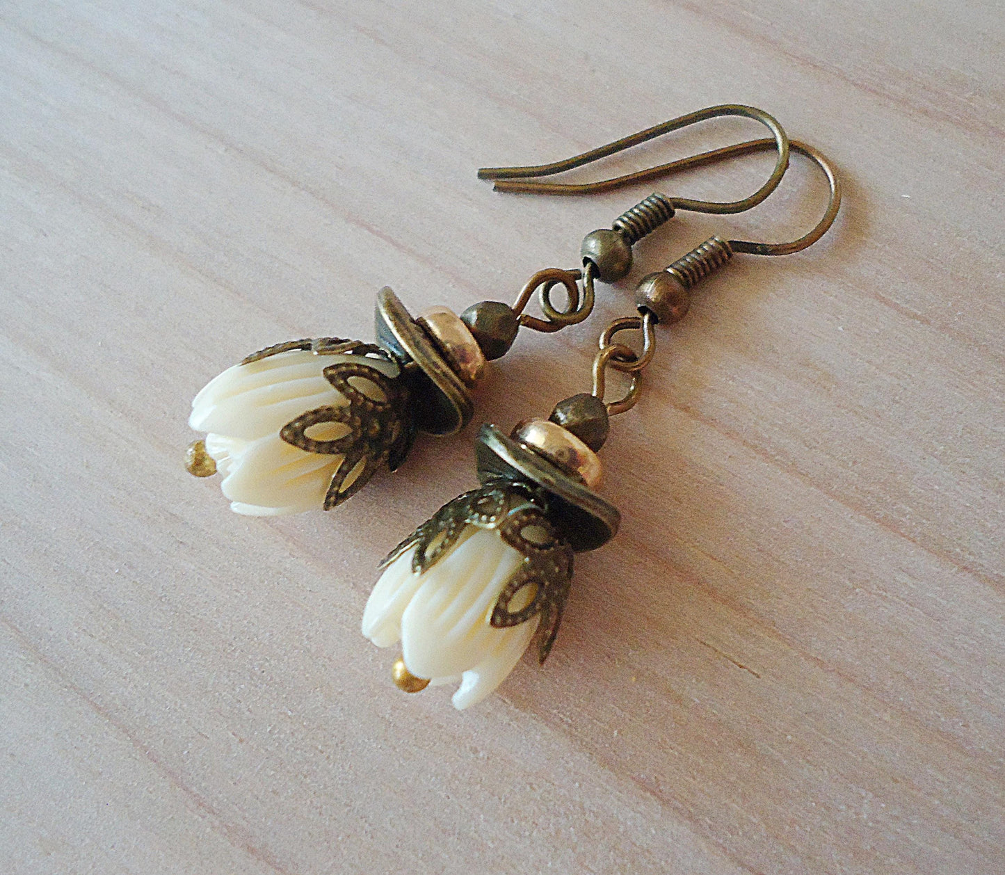 Short White Tulip Earrings, Antique Bronze, Off-white, 3/4" Dangle, Vintage