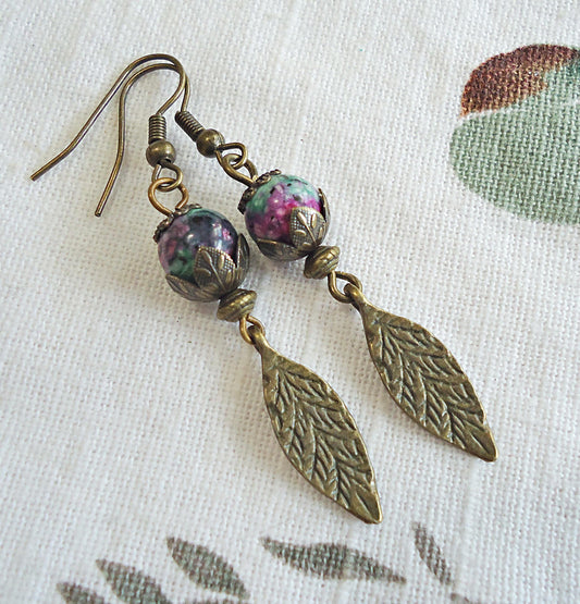 Ruby Zoisite Earrings, Antique Bronze Leaves, 1.5" Dangle