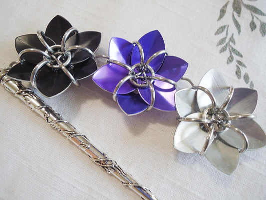 Metal Hair Stick - Three Flowers - Black, Purple, Silver - Antique Silver Hair Stick with Wrapping Vines
