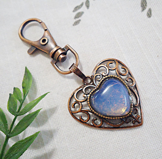 Antique Copper and Opal Filigree Heart Bag Charm, Purse Charm, Zipper Pull, Keychain, Swivel Clasp