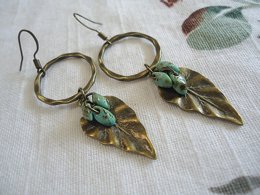 Picasso Turquoise and Antique Bronze Leaf Earrings, 2" Dangle, Hammered, Textured, Detailed