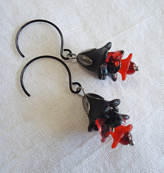 Black and Red Flower Earrings, Round Stainless Steel Earwire, Lily of the Valley, Tulip, Trumpet Flower, 1" Dangle