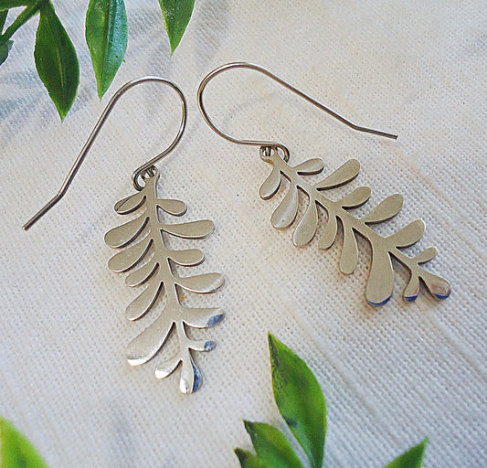Long Leaf Earrings, Stainless Steel, 1.25" Dangle Earrings, Silver color