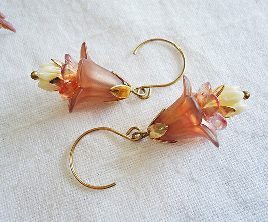 Champagne and Gold Tulip Flower Earrings, Lily of the Valley, Light Brown White Gold
