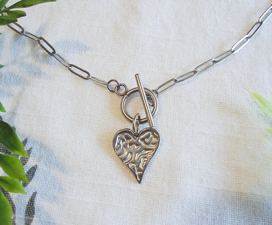 Front Toggle Clasp Necklace, Stainless Steel, Silver, Hammered Heart, Choker