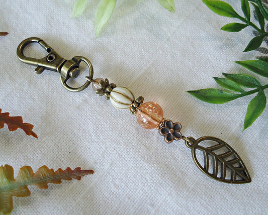 Bag Charm, Purse Charm, Key chain, Key Ring, Antique Bronze Leaf, Peach Crackle Glass, Swivel  Clasp