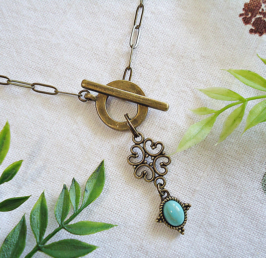 Turquoise Drop, Front Toggle Clasp Necklace, Antique Bronze, Paperclip Chain, Boho