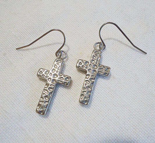 Hammered Cross Silver Earrings, Stainless Steel, Non-Tarnishing, Hypoallergenic, Minimalist, Christian, Religious, Textured, 7/8" Dangle
