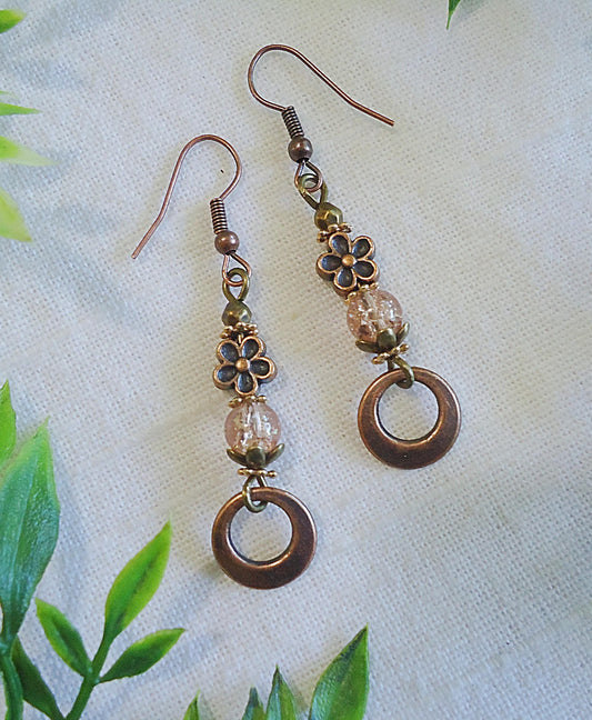 Antique Copper Dangle Earrings, Crackle Glass, Copper Flowers, Bronze, Rose Gold