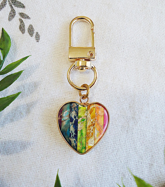 Rainbow Jasper Stone Heart Bag Charm, Zipper Pull, Purse Charm, Split Key Ring, Keychain