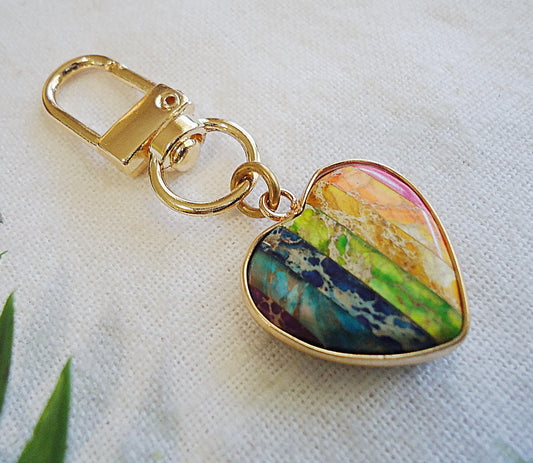 Rainbow Jasper Stone Heart Bag Charm, Zipper Pull, Purse Charm, Split Key Ring, Keychain