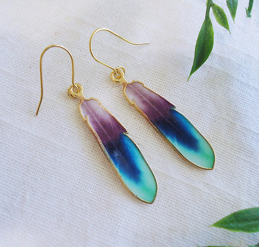 Long Feather Earrings, Ombre Purple Blue Green Gold, 1.25" Dangle