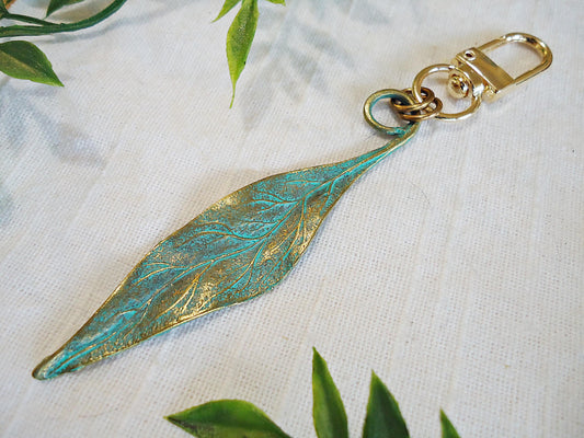 Bag Charm, Antique Patina Green Bronze Leaf Purse Charm, Zipper Pull, Keychain