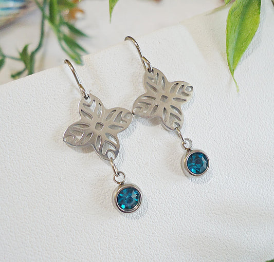 Birthstone Earrings, Stainless Steel and Cubic Zirconia, Flower with Birthstone Charm Drop