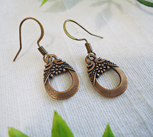 Small Vintage Copper Drop Earrings, Antique Copper, Minimalist, 5/8" Dangle