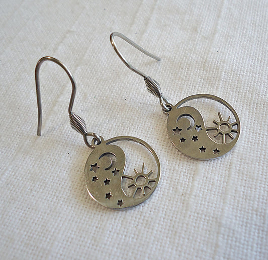 CORE ESSENTIALS - Stainless Steel Earrings, Silver Yin Yang / Sun and Moon / Night and Day