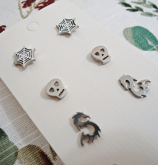 Small Stud Earrings, Stainless Steel, Spiderwebs, Skulls, Dragons, Silver, Halloween Earrings