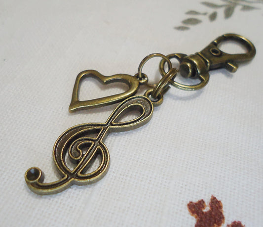 Bag Charm, Purse Charm, Zipper Pull, Antique Bronze Treble Clef and Heart, Music Lover, Musician