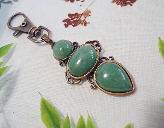 Green Aventurine Stone, Antique Copper, Triple Stone, Bag Charm, Zipper Pull