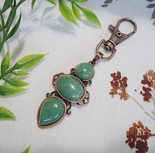 Green Aventurine Stone, Antique Copper, Triple Stone, Bag Charm, Zipper Pull