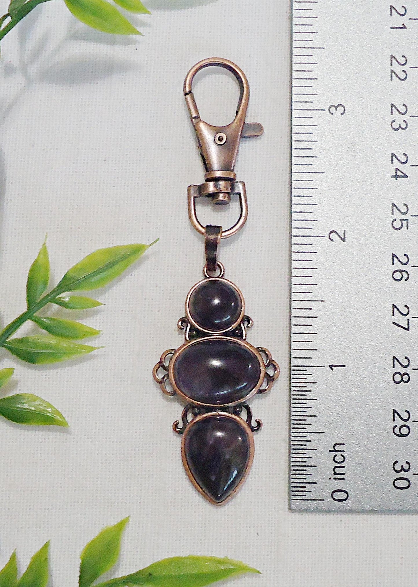 Dark Amethyst Stone, Antique Copper, Triple Stone, Bag Charm, Zipper Pull