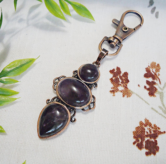 Dark Amethyst Stone, Antique Copper, Triple Stone, Bag Charm, Zipper Pull