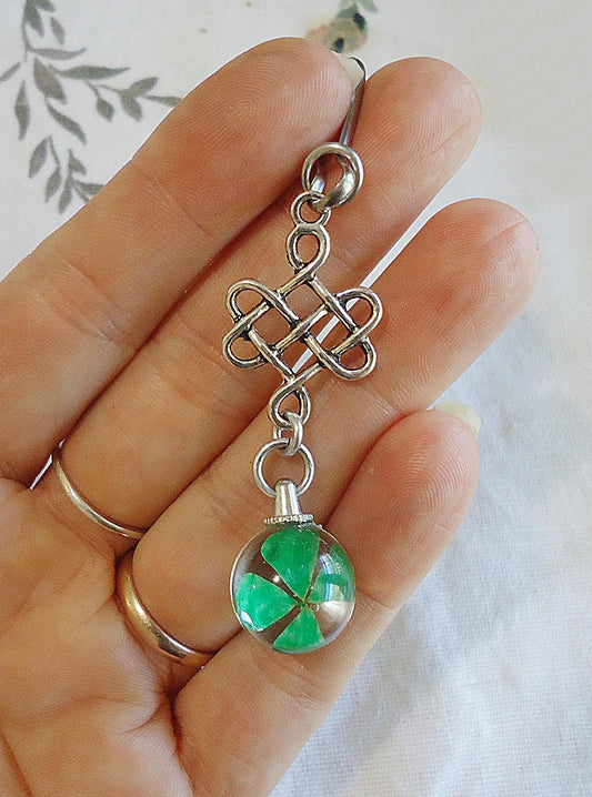 Lucky Celtic Four Leaf Clover Bag Charm, Purse Charm, Zipper Pull, Dried Shamrock in Glass, Celtic Knot, Silver, Stainless Steel
