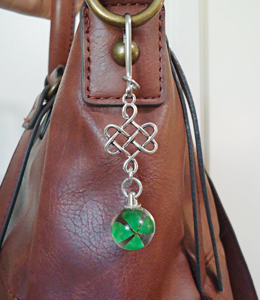 Lucky Celtic Four Leaf Clover Bag Charm, Purse Charm, Zipper Pull, Dried Shamrock in Glass, Celtic Knot, Silver, Stainless Steel
