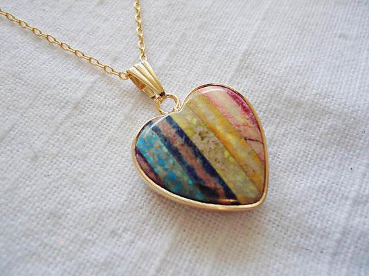 Rainbow Jasper Stone Heart Necklace, Sweet and Simple, Gold Brass 18" Chain