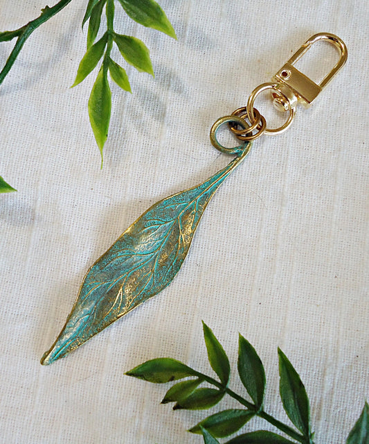 Bag Charm, Antique Patina Green Bronze Leaf Purse Charm, Zipper Pull, Keychain