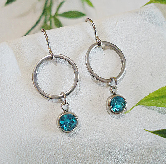 Birthstone Earrings, Stainless Steel and Cubic Zirconia, Round Hoop with Birthstone Charm Drop