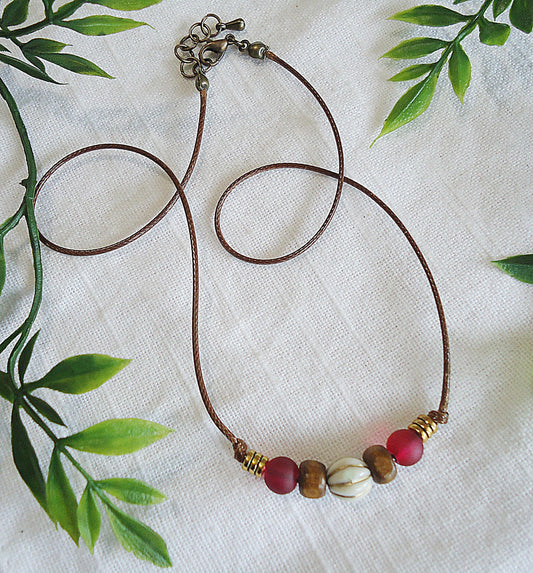 Choker Necklace, Dark Brown Cord, Deep Red Brown Gold, Wood Glass Metal, Frosted Glass, Sea Glass