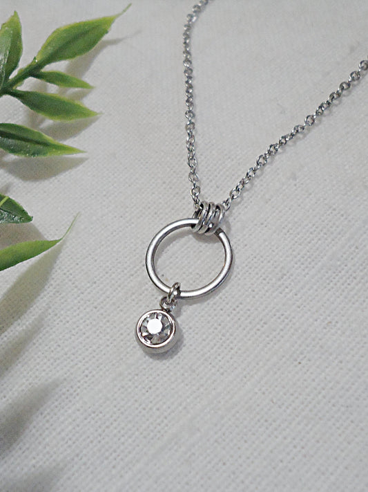 Birthstone Necklace, Stainless Steel and Cubic Zirconia, Round Hoop with Birthstone Charm Drop, Pendant Necklace, Stainless Steel 18" Chain