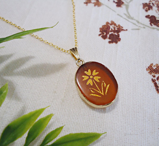 Red Agate Stone Necklace, 18" Gold Brass Chain, Gold Flower