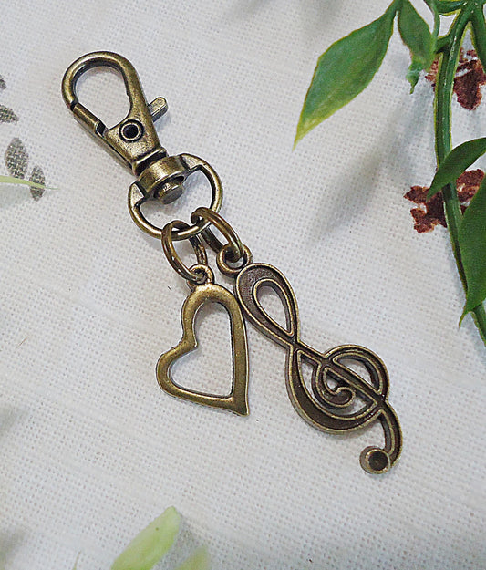 Bag Charm, Purse Charm, Zipper Pull, Antique Bronze Treble Clef and Heart, Music Lover, Musician