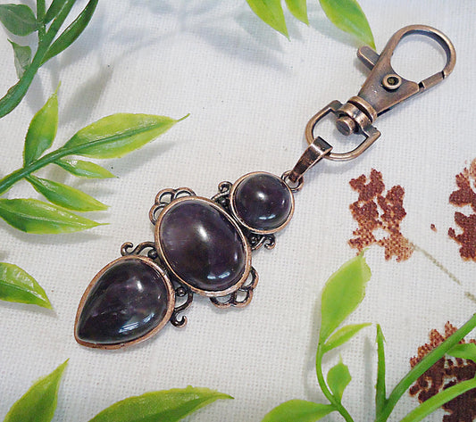 Dark Amethyst Stone, Antique Copper, Triple Stone, Bag Charm, Zipper Pull