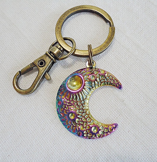 Rainbow Moon Keychain, Antique Bronze, Stainless Steel, Bag Charm, Zipper Pull, Purse Charm, Multicolor