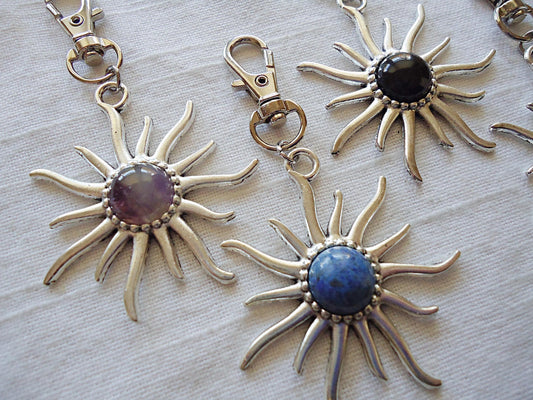 Sun and Stone Bag Charm, Zipper Pull, Large Silver Sun, Lapis Lazuli, Green Aventurine, Amethyst, Peach Quartz, Black Agate